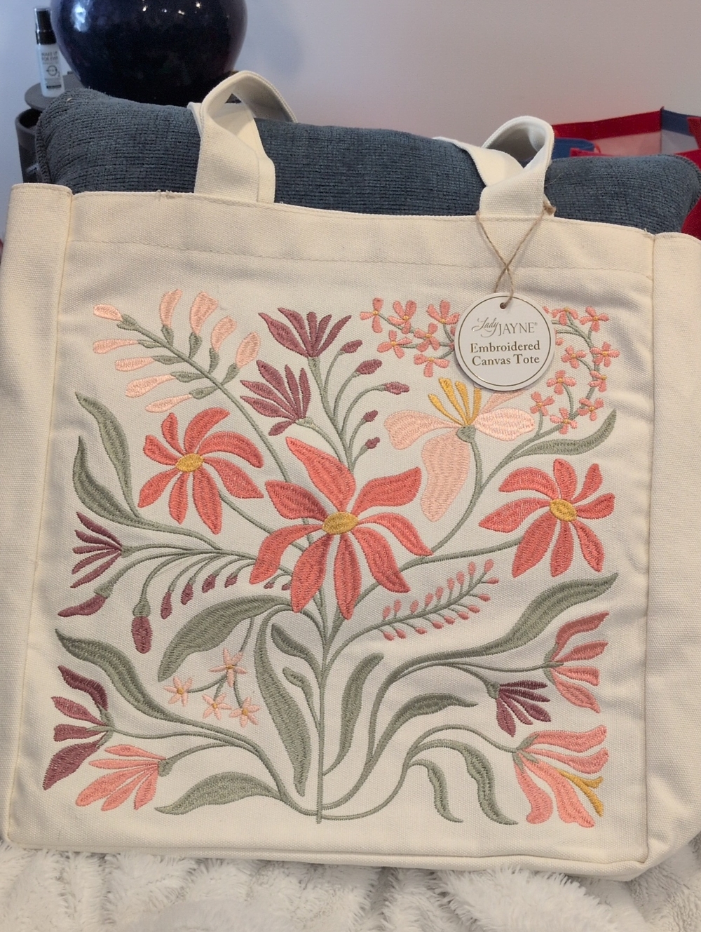 Embroidered Canvas Tote in Cream with Coral Floral